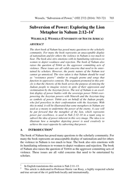 Subversion of Power: Exploring the Lion Metaphor in Nahum 2:12–14 1