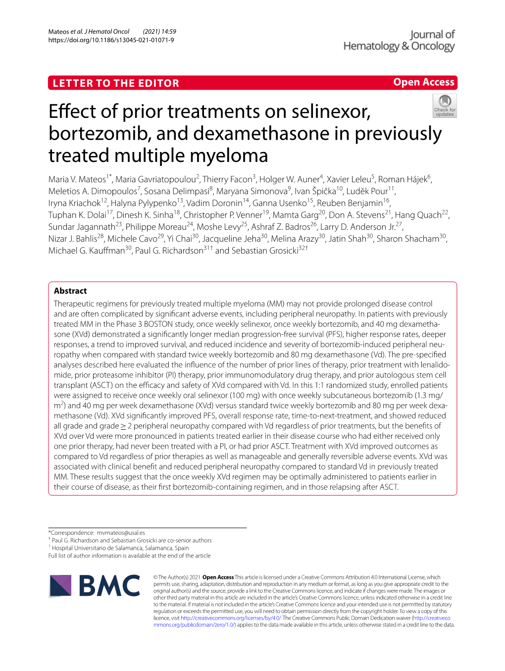 Effect of Prior Treatments on Selinexor, Bortezomib, and Dexamethasone In