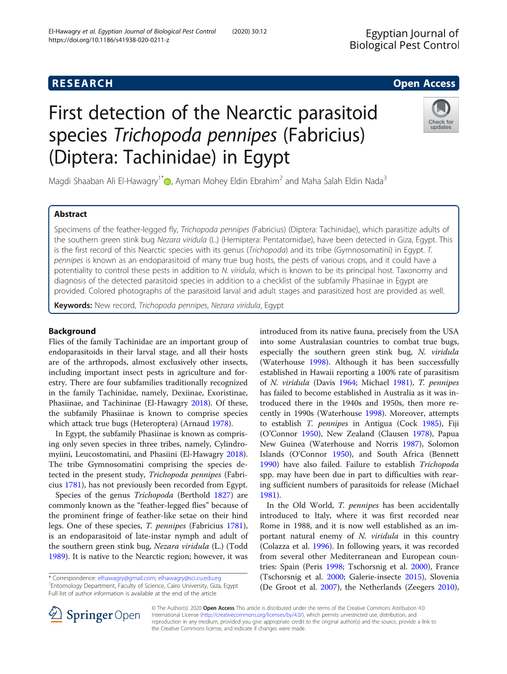 (Fabricius) (Diptera: Tachinidae) in Egypt Magdi Shaaban Ali El-Hawagry1* , Ayman Mohey Eldin Ebrahim2 and Maha Salah Eldin Nada3