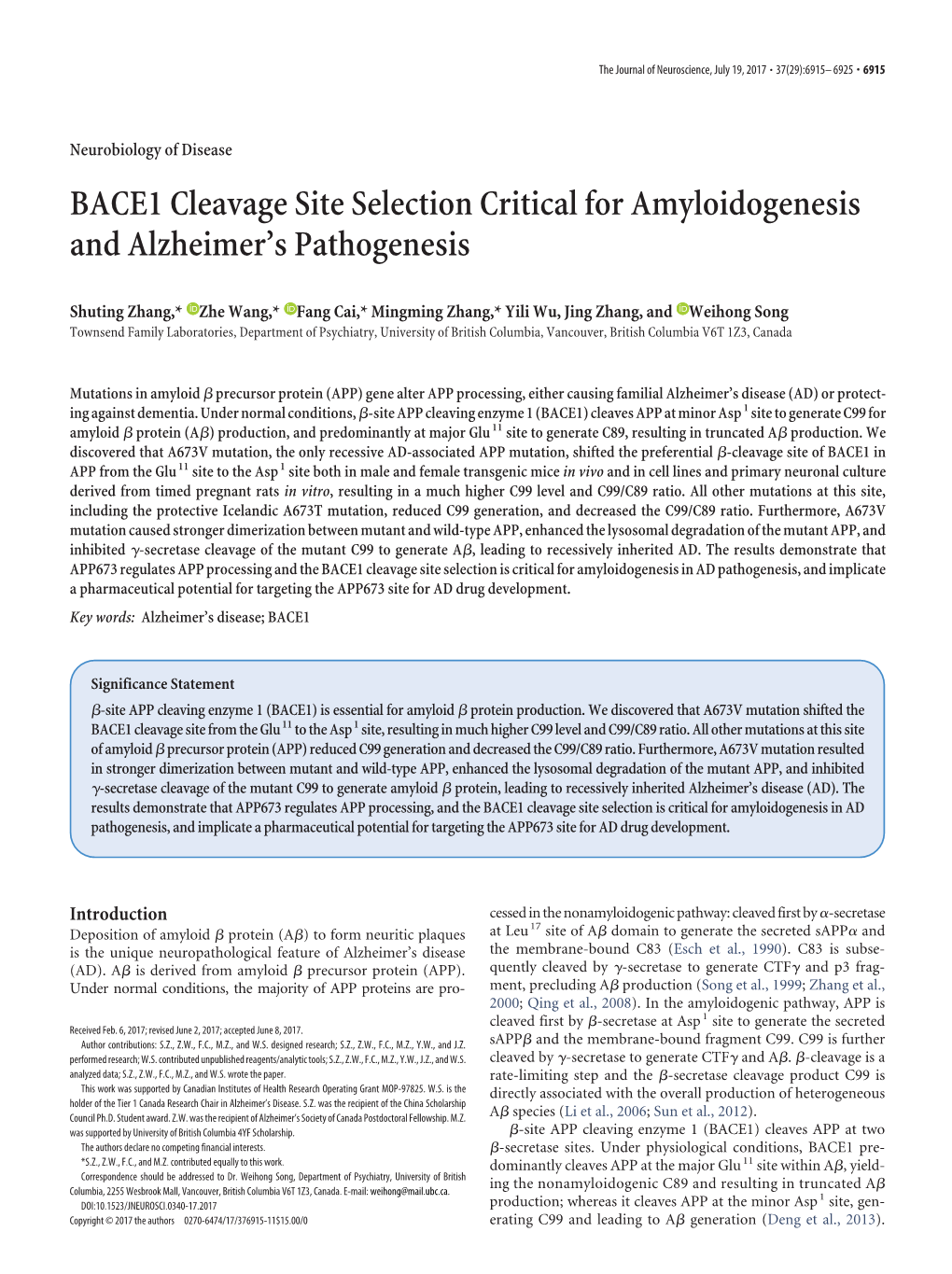 BACE1 Cleavage Site Selection Critical for Amyloidogenesis and Alzheimer’S Pathogenesis
