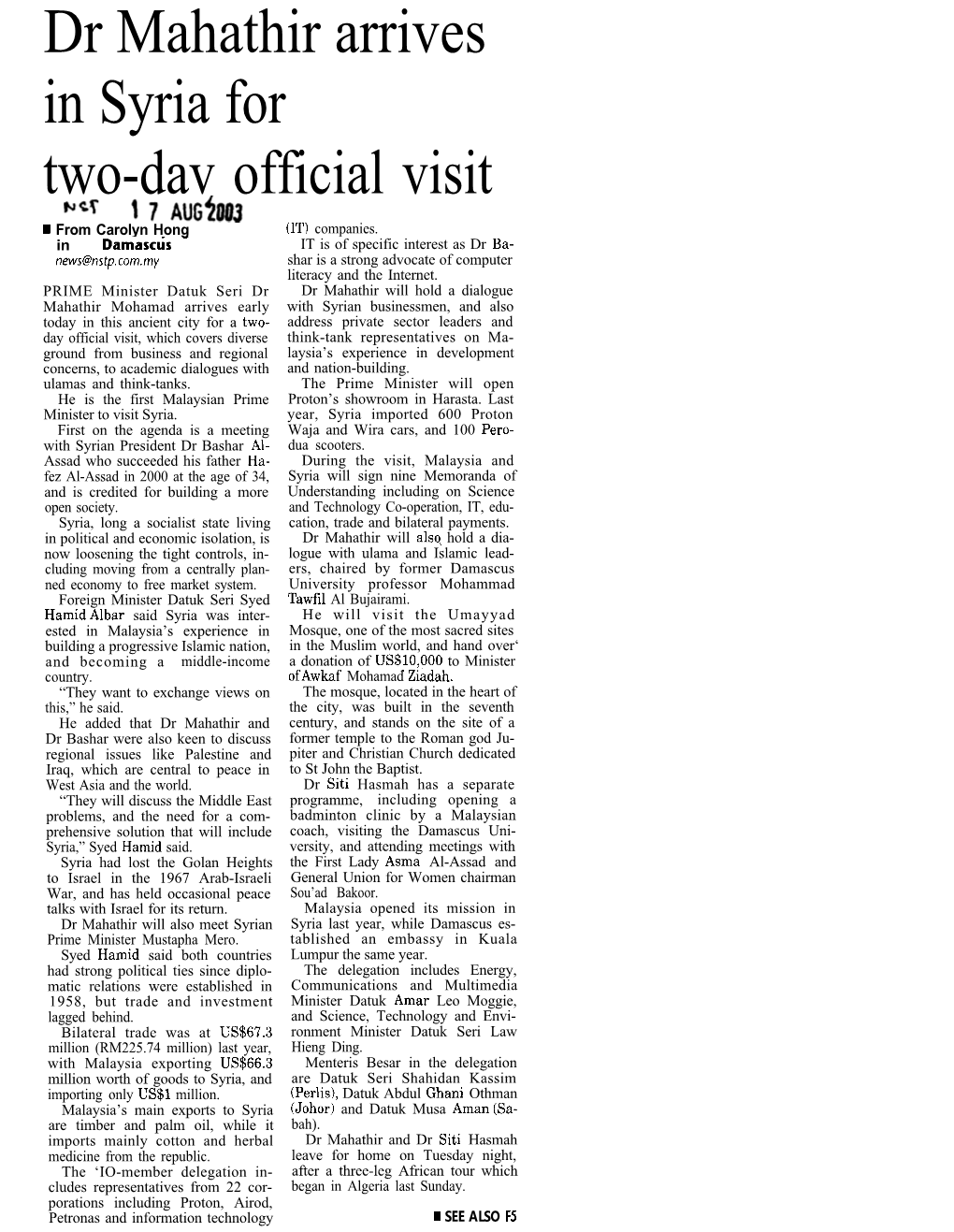 Dr Mahathir Arrives in Syria for Two-Day Official Visit (NST 17/08/2003)