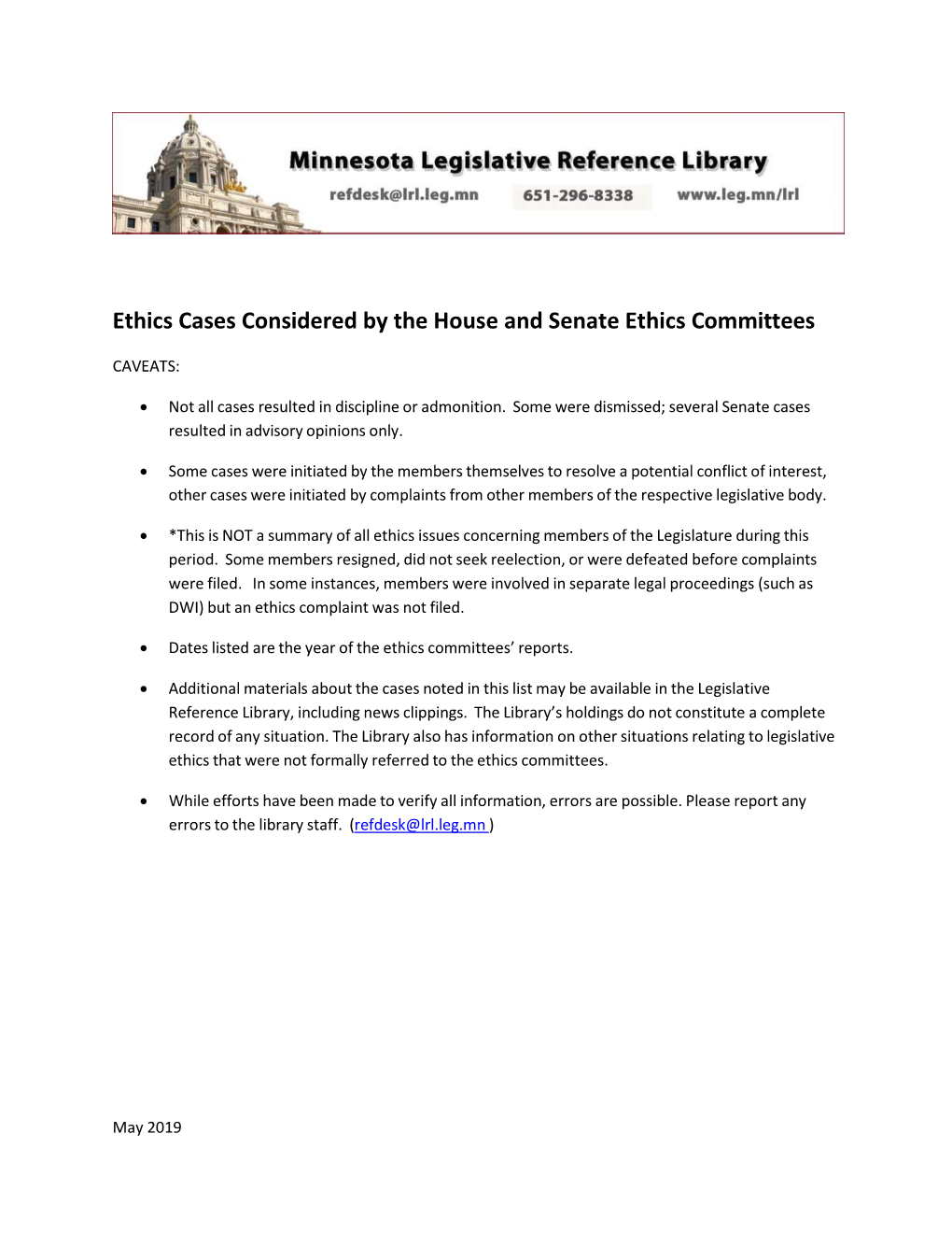 Ethics Cases Considered by the House and Senate Ethics Committees