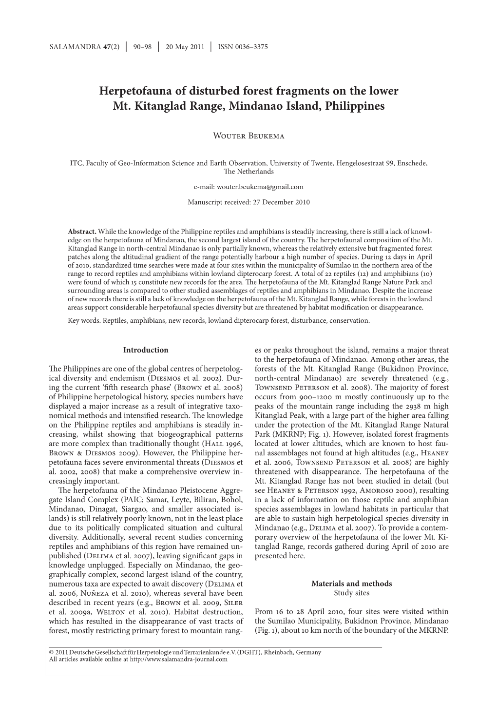 Herpetofauna of Disturbed Forest Fragments on the Lower Mt