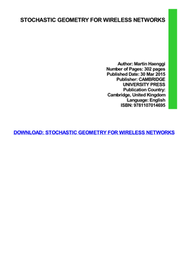 Stochastic Geometry for Wireless Networks Download Free