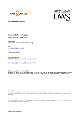 UWS Academic Portal 'I Was Made for Loving You' James, Kieran