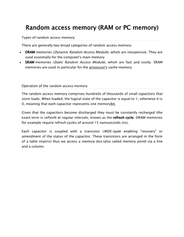 Random Access Memory (RAM Or PC Memory)