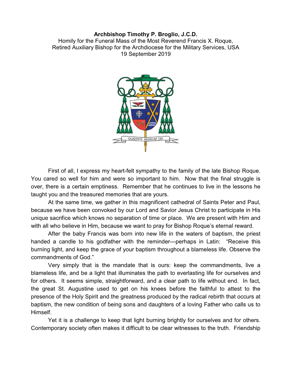 Archbishop Timothy P. Broglio, J.C.D. Homily for the Funeral Mass of the Most Reverend Francis X