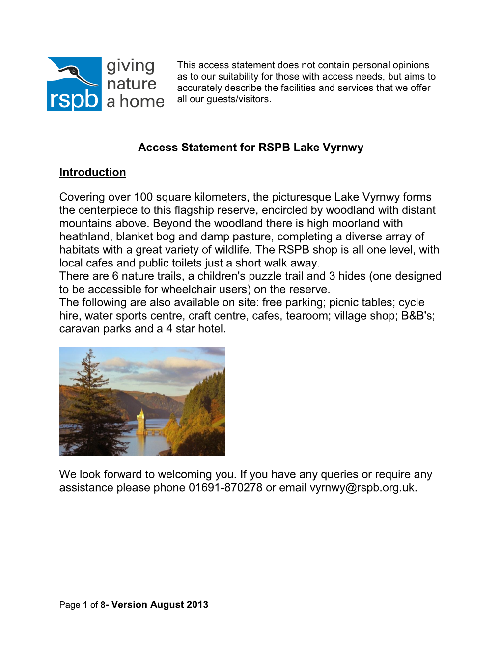 Access Statement for RSPB Lake Vyrnwy Introduction Covering Over