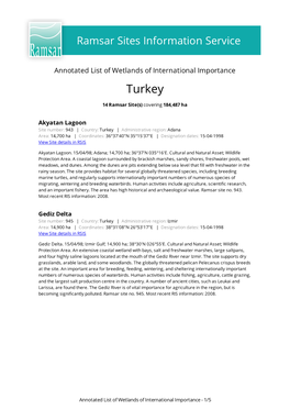 Annotated List of Wetlands of International Importance Turkey