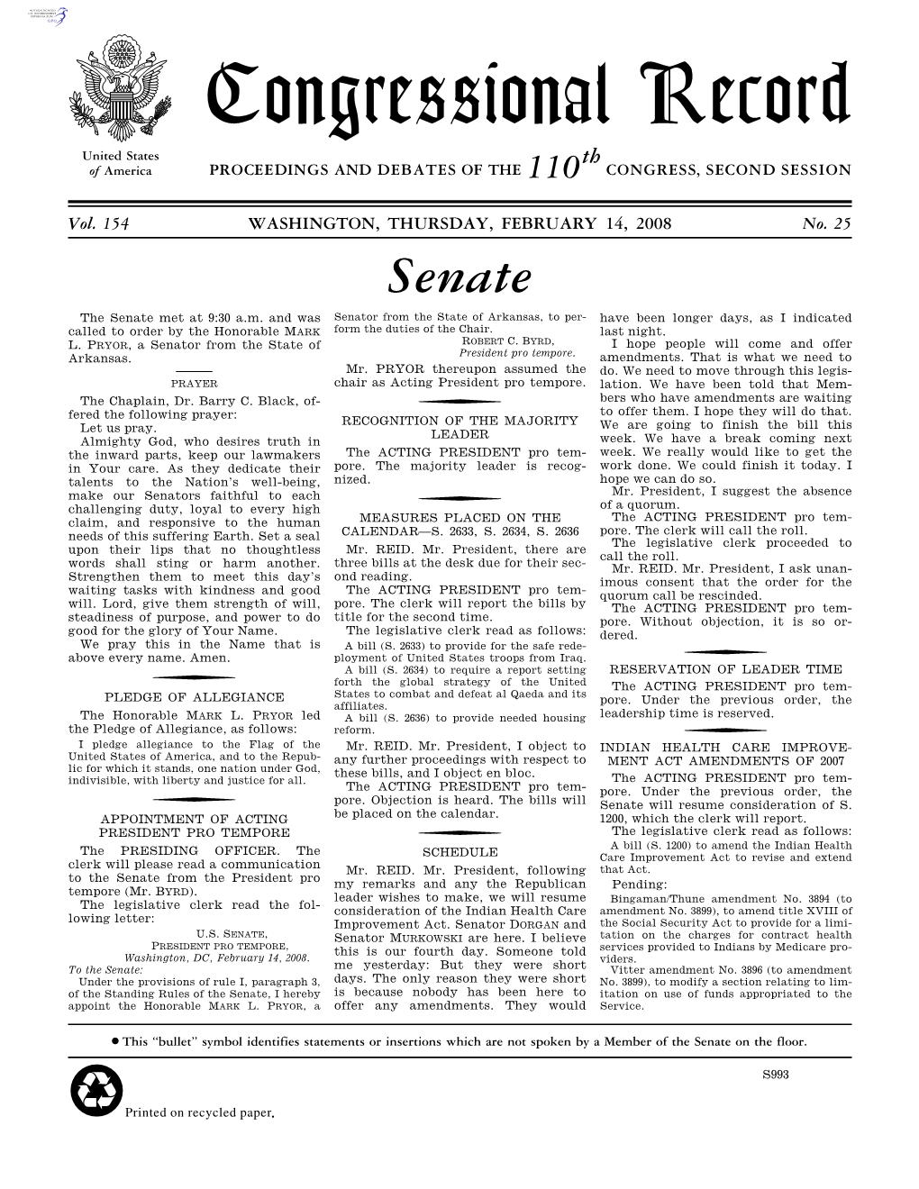 Congressional Record United States Th of America PROCEEDINGS and DEBATES of the 110 CONGRESS, SECOND SESSION