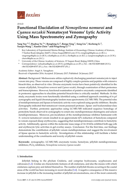 Functional Elucidation of Nemopilema Nomurai and Cyanea Nozakii Nematocyst Venoms’ Lytic Activity Using Mass Spectrometry and Zymography