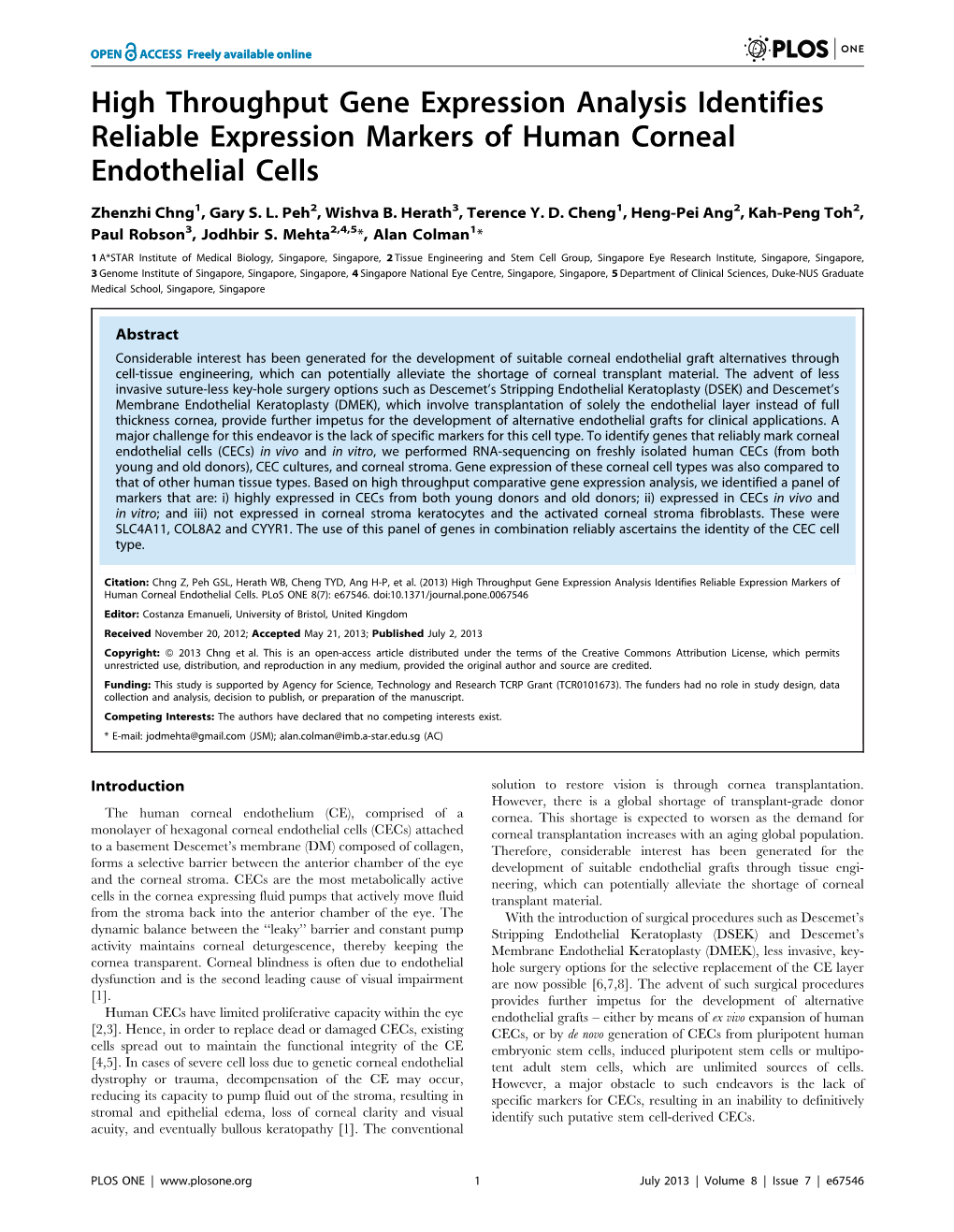 High Throughput Gene Expression Analysis Identifies Reliable Expression Markers of Human Corneal Endothelial Cells