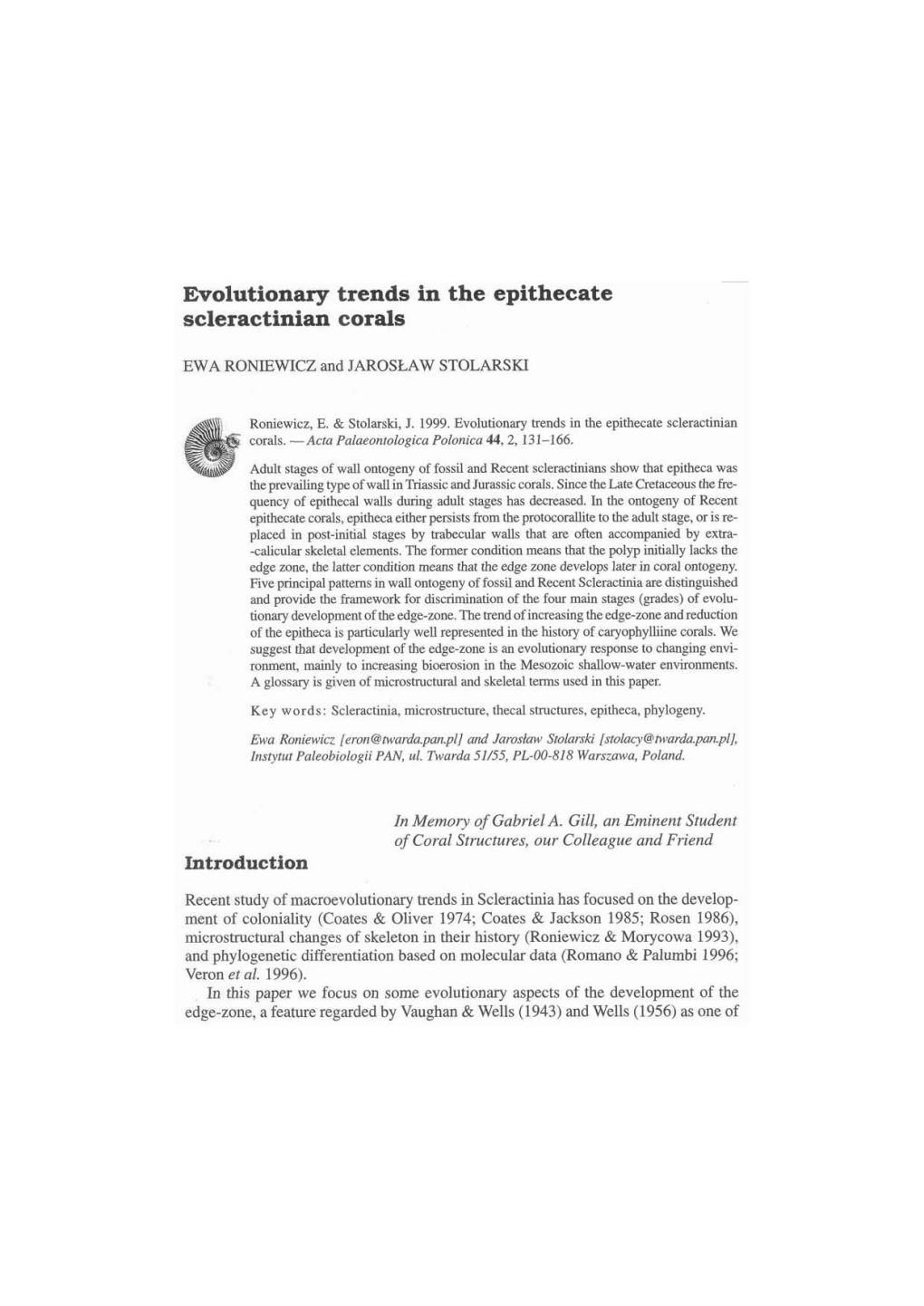 Evolutionary Trends in the Epithecate Scleractinian Corals Introduction