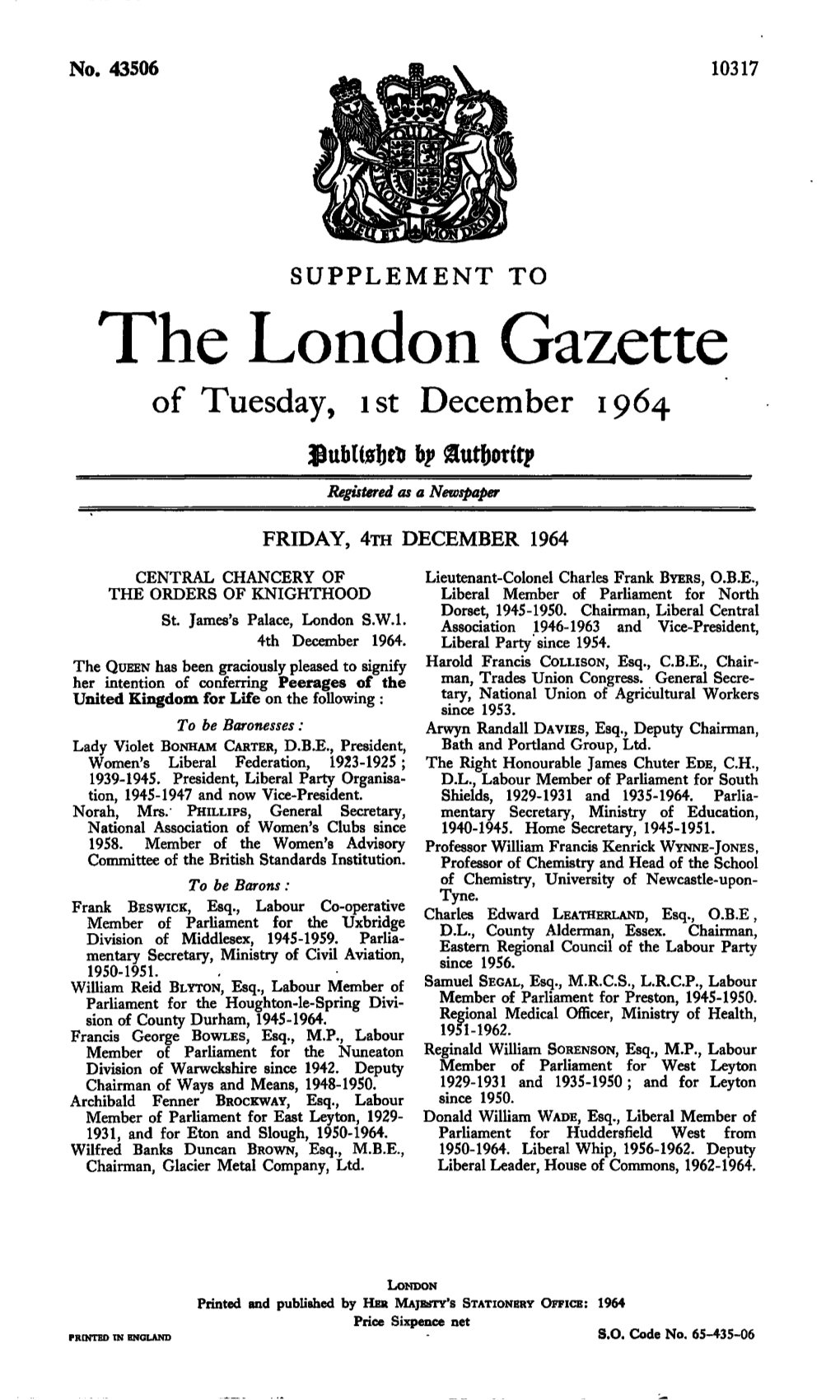 The London Gazette of Tuesday, Ist December 1964