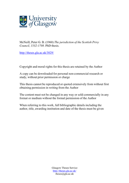Mcneill, Peter G. B. (1960) the Jurisdiction of the Scottish Privy Council, 1532-1708