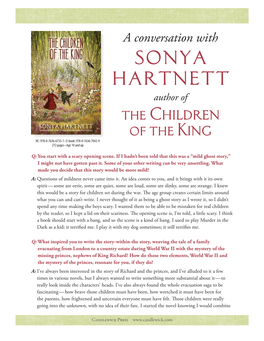 Sonya Hartnett Author of the Children of the King HC: 978-0-7636-6735-1 • E-Book: 978-0-7636-7042-9 272 Pages • Age 10 and Up