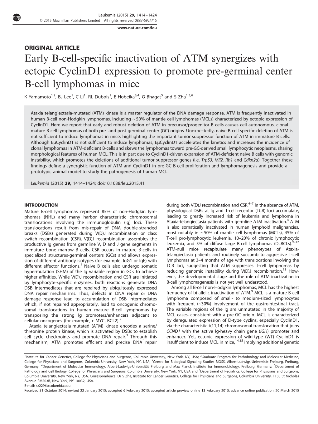 Early B-Cell-Specific Inactivation of ATM Synergizes with Ectopic Cyclind1 Expression to Promote Pre-Germinal Center B-Cell Lymp