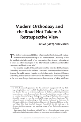 Modern Orthodoxy and the Road Not Taken: a Retrospective View
