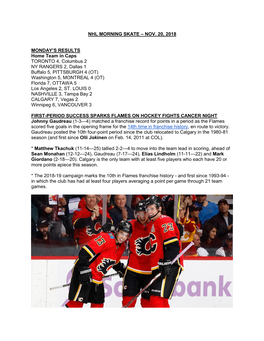 NHL MORNING SKATE – NOV. 20, 2018 MONDAY's RESULTS Home Team in Caps TORONTO 4, Columbus 2 NY RANGERS 2, Dallas 1 Buffalo 5