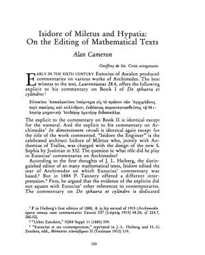 Isidore of Miletus and Hypatia: on the Editing of Mathematical Texts , Greek, Roman and Byzantine Studies, 31:1 (1990:Spring) P.103