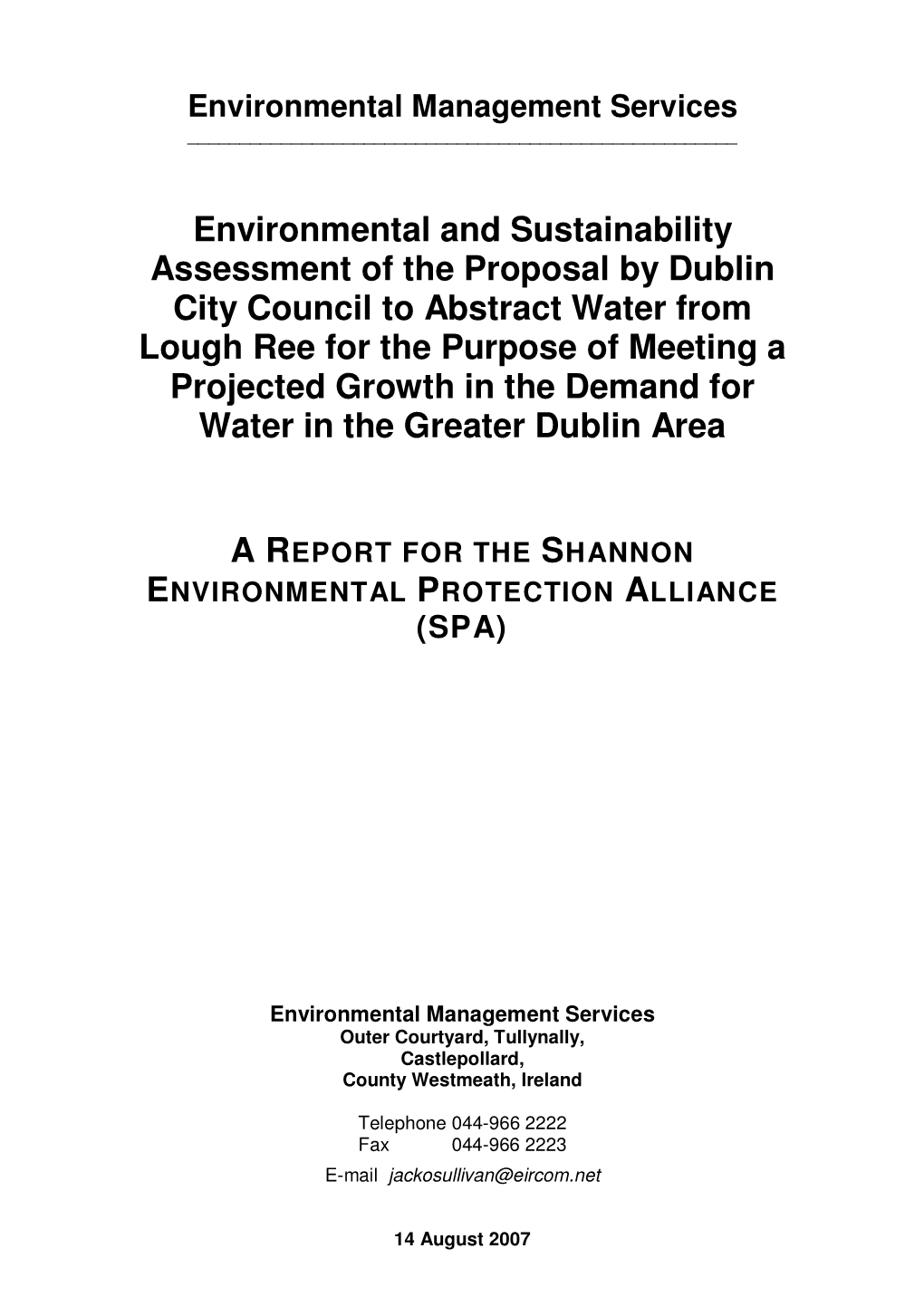 Environmental and Sustainability Assessment of the Proposal by Dublin City Council to Abstract Water from Lough Ree for the Purp