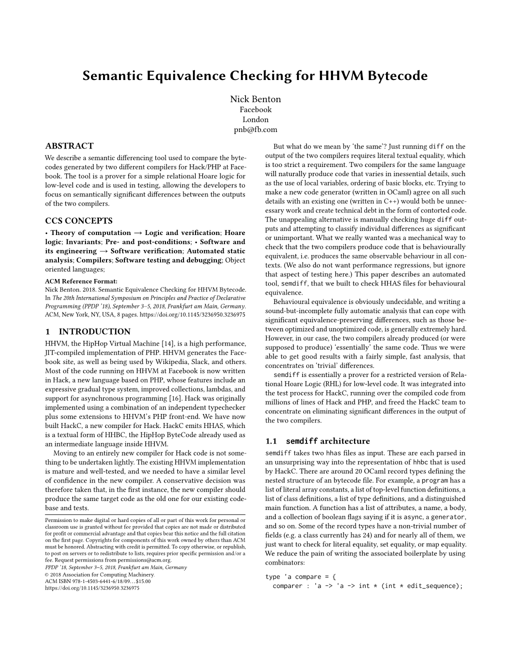 Semantic Equivalence Checking for HHVM Bytecode