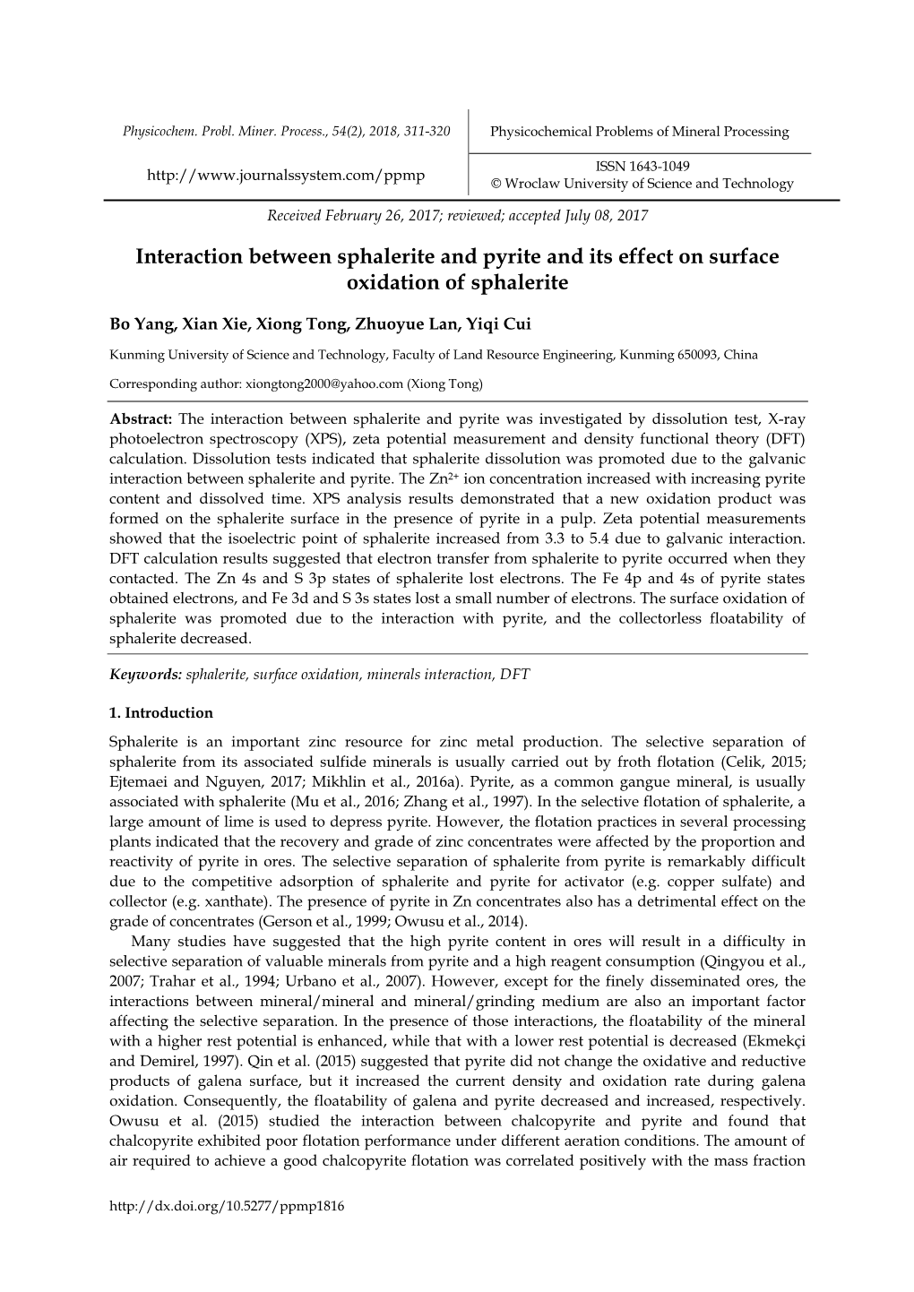 Interaction Between Sphalerite and Pyrite and Its Effect on Surface Oxidation of Sphalerite