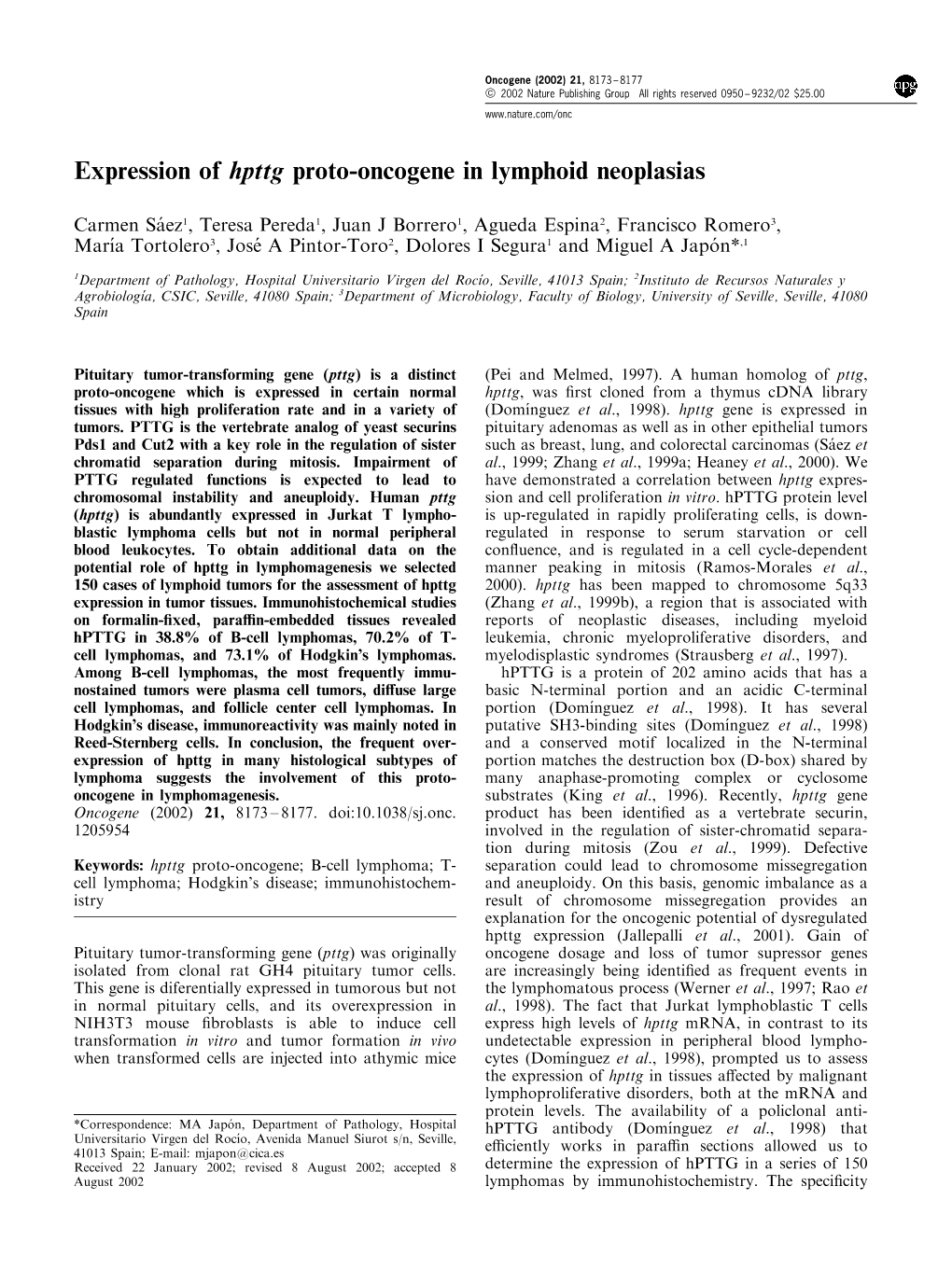 Expression of Hpttg Proto-Oncogene in Lymphoid Neoplasias