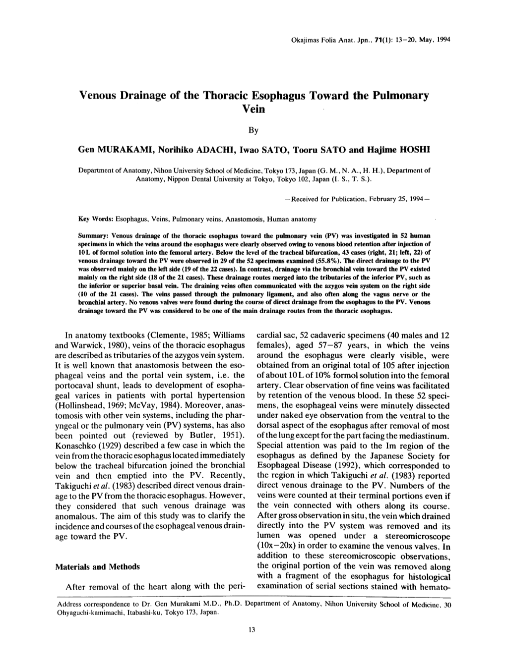 Venous Drainage of the Thoracic Esophagus Toward the Pulmonary Vein