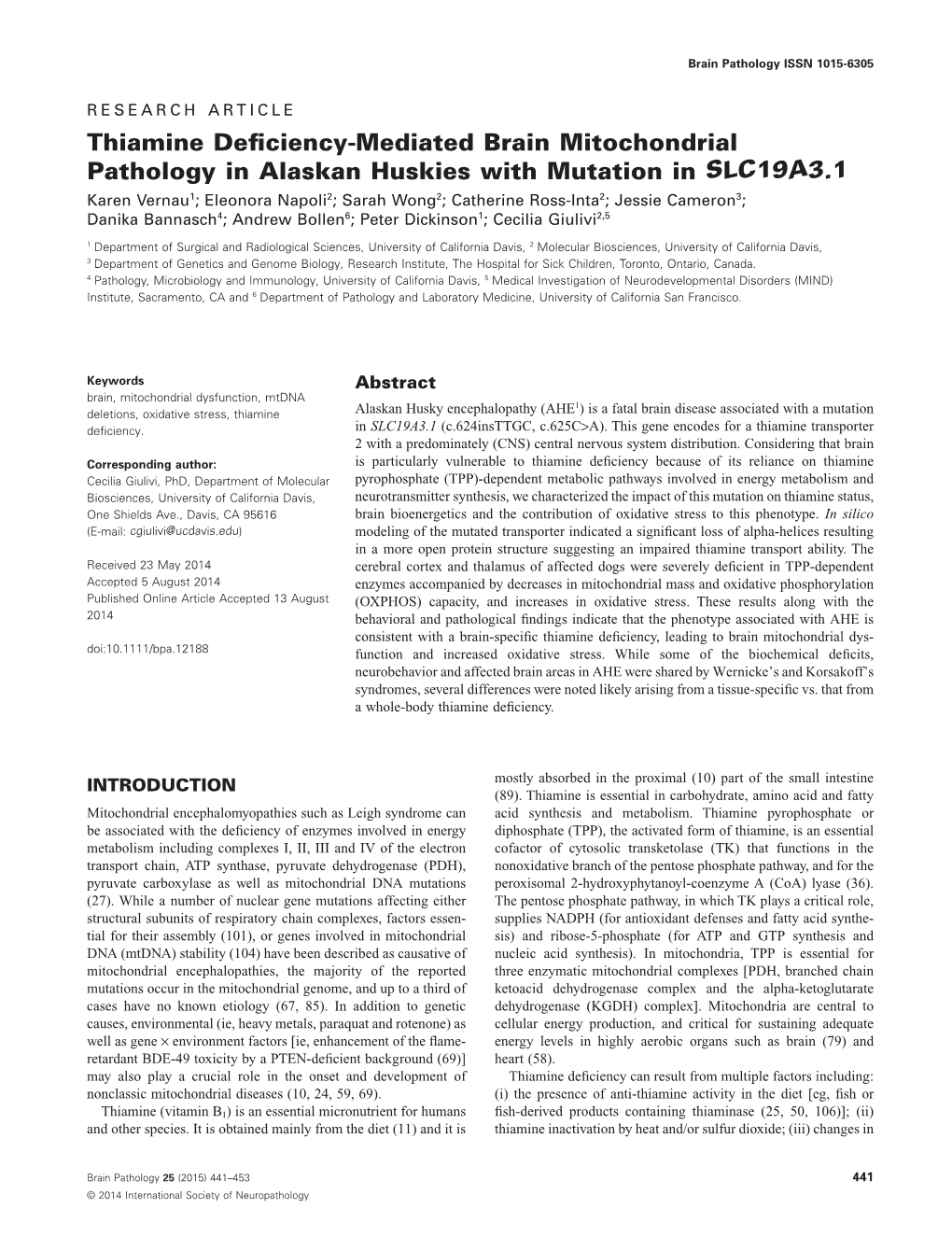 Thiamine Deficiency-Mediated Brain Mitochondrial Pathology in Alaskan