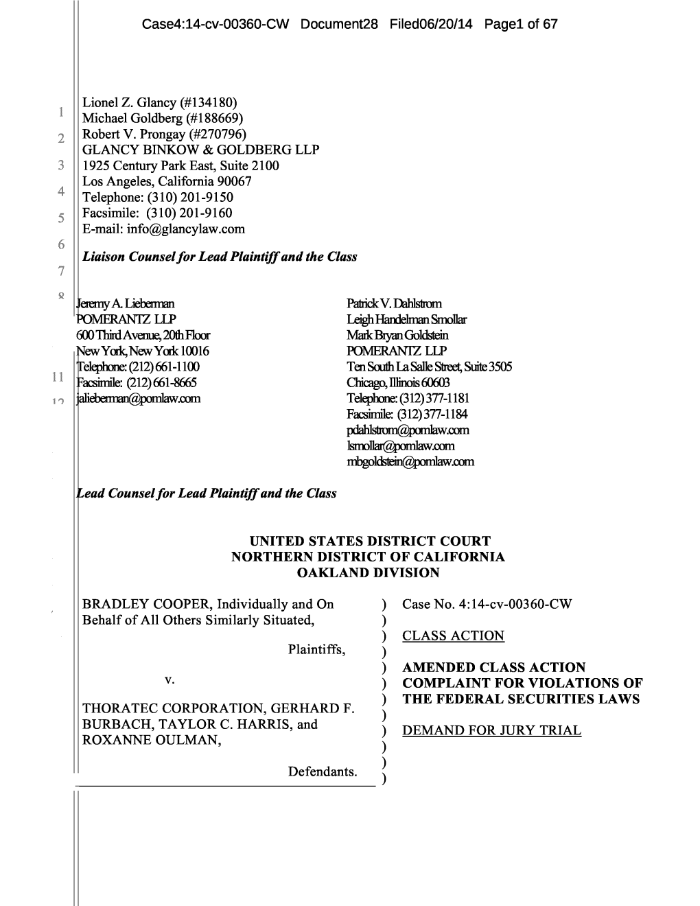 Bradley Cooper, Et Al. V. Thoratec Corporation, Et Al. 14-CV-00360