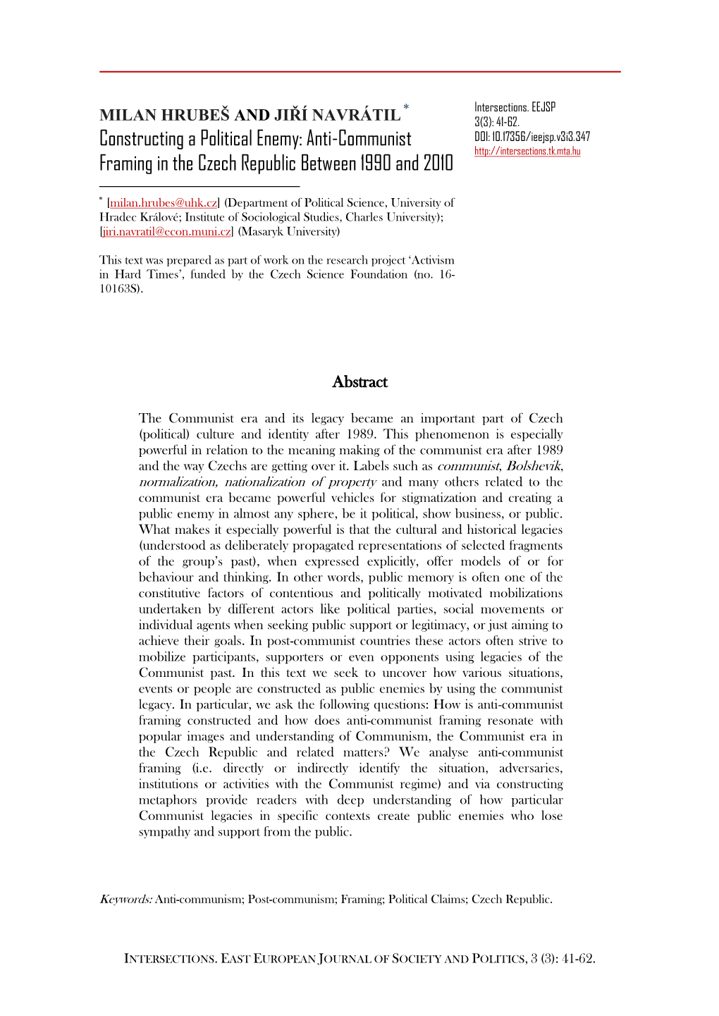 Anti-Communist Framing in the Czech Republic Between 1990 and 2010