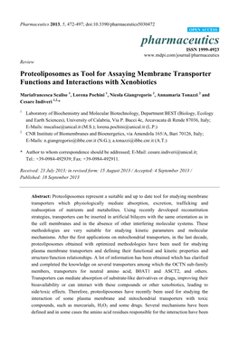 Proteoliposomes As Tool for Assaying Membrane Transporter Functions and Interactions with Xenobiotics