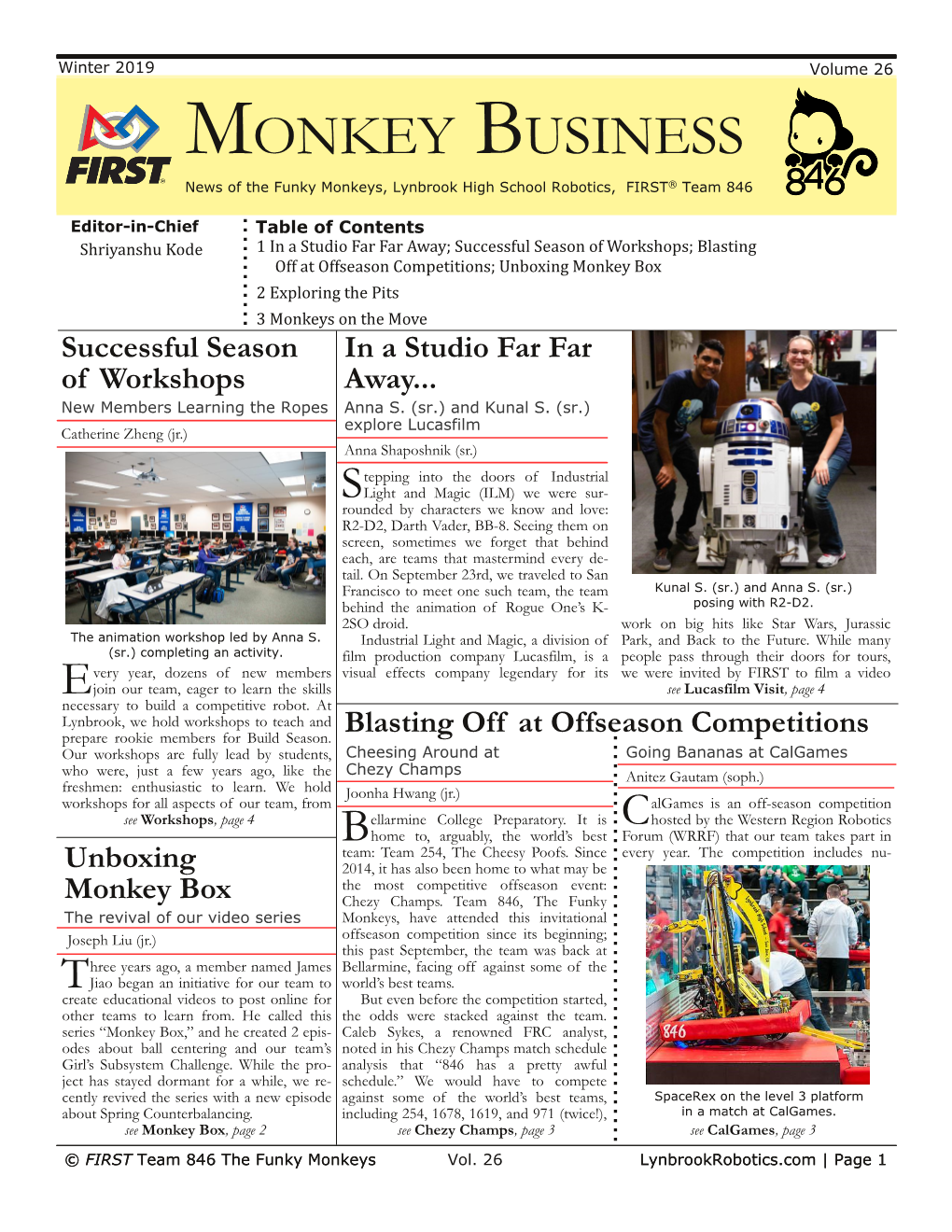 MONKEY BUSINESS News of the Funky Monkeys, Lynbrook High School Robotics, FIRST® Team 846