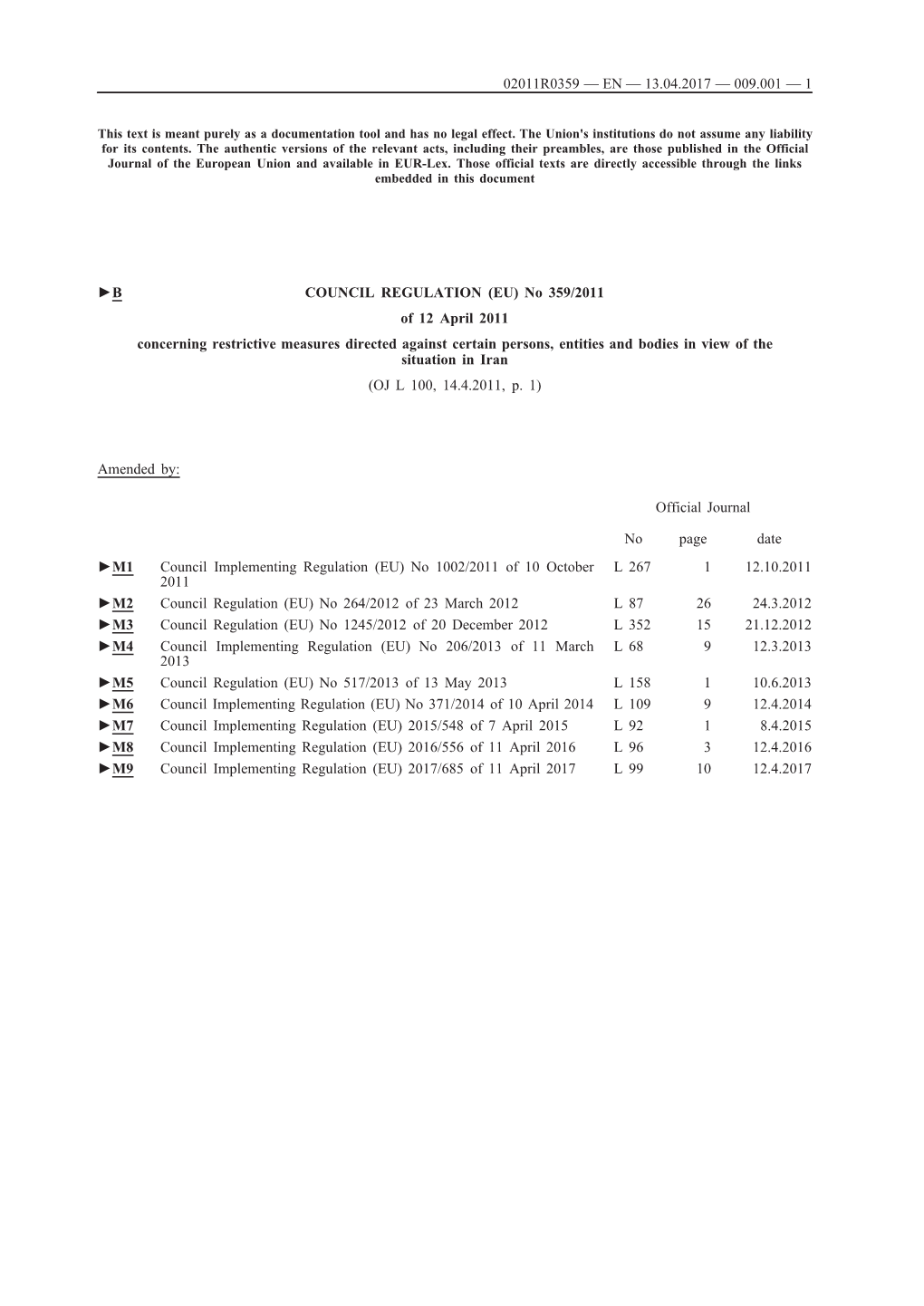 B COUNCIL REGULATION (EU) No 359/2011 of 12 April