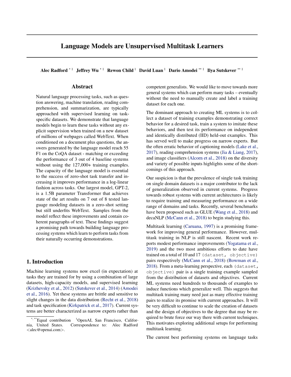 Language Models Are Unsupervised Multitask Learners