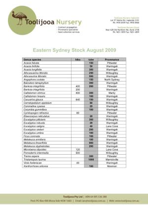 Toolijooa Stock List Eastern & Western Sydney August 2009