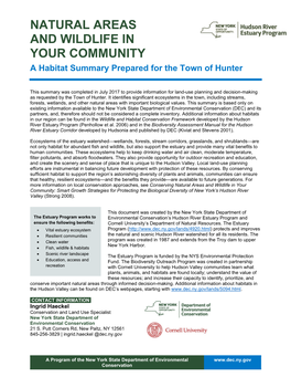 NATURAL AREAS and WILDLIFE in YOUR COMMUNITY a Habitat Summary Prepared for the Town of Hunter