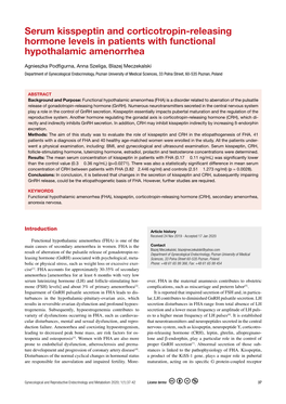 Serum Kisspeptin and Corticotropin-Releasing Hormone Levels in Patients with Functional Hypothalamic Amenorrhea