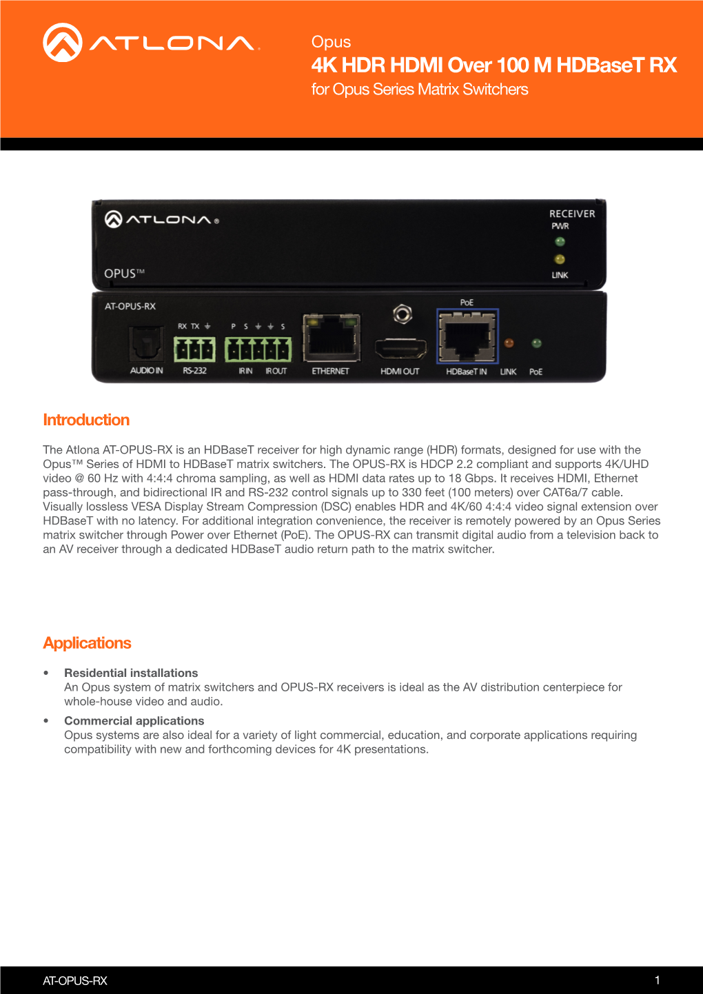 4K HDR HDMI Over 100 M Hdbaset RX for Opus Series Matrix Switchers