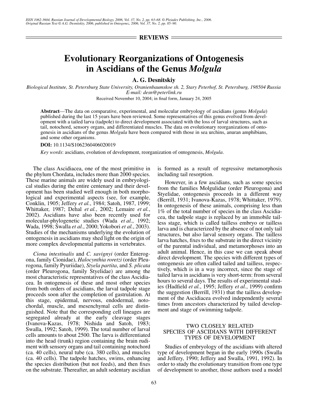 Evolutionary Reorganizations of Ontogenesis in Ascidians of the Genus Molgula A