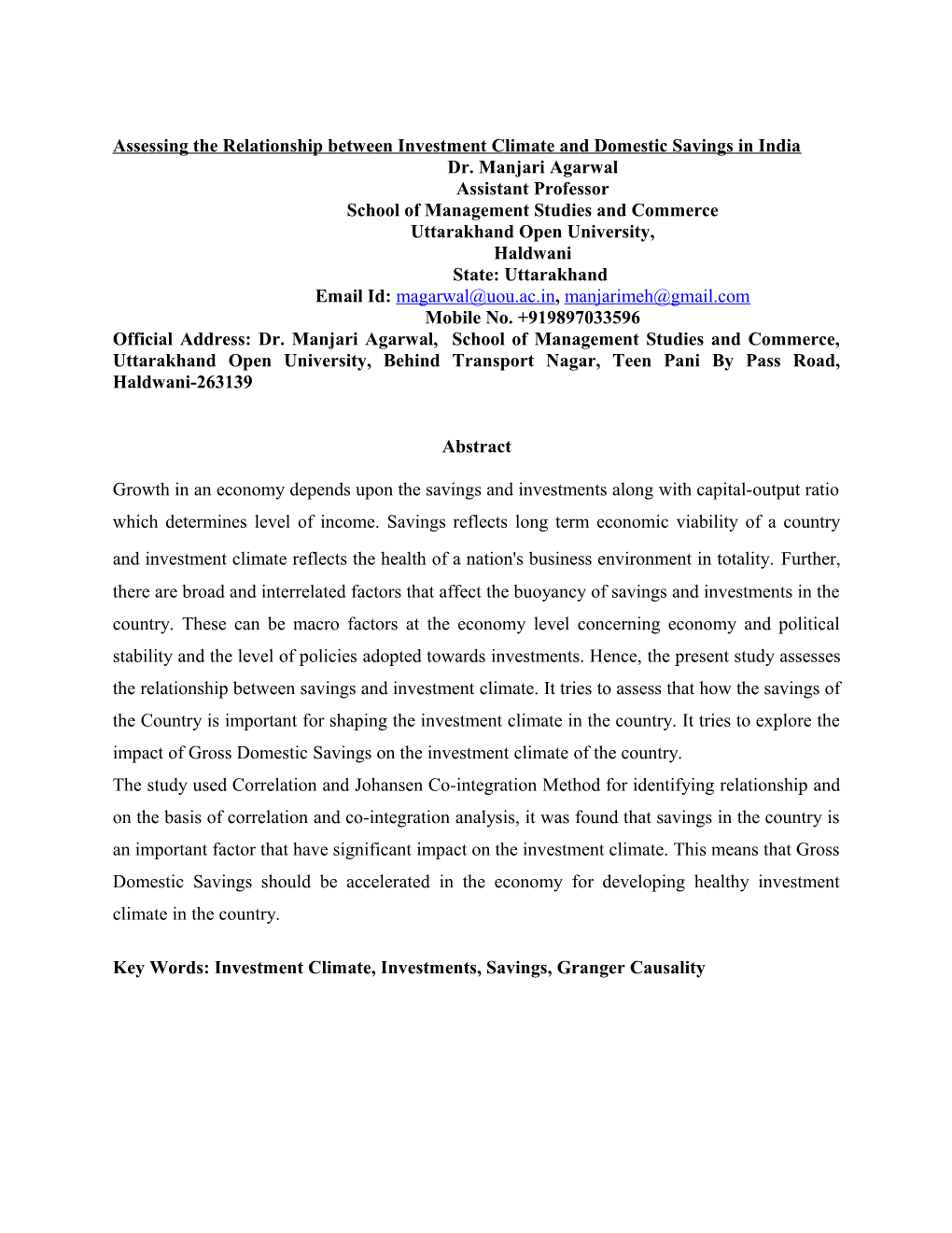 Assessing the Relationship Between Investment Climate Anddomestic Savingsin India