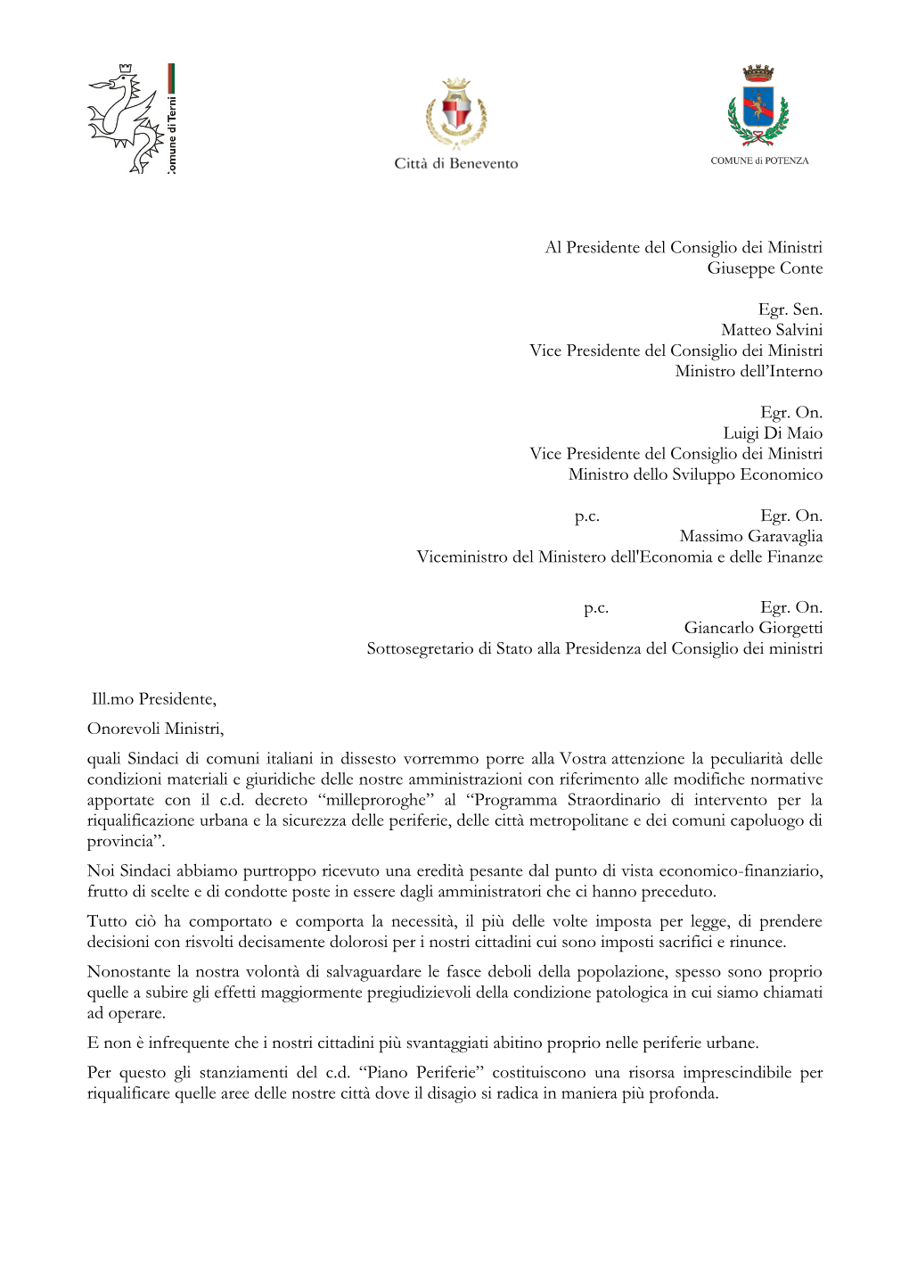 Al Presidente Del Consiglio Dei Ministri Giuseppe Conte Egr. Sen