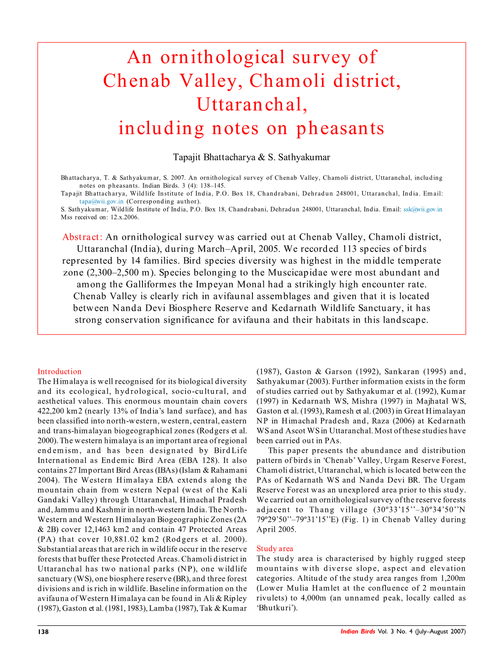 An Ornithological Survey of Chenab Valley, Chamoli District, Uttaranchal, Including Notes on Pheasants