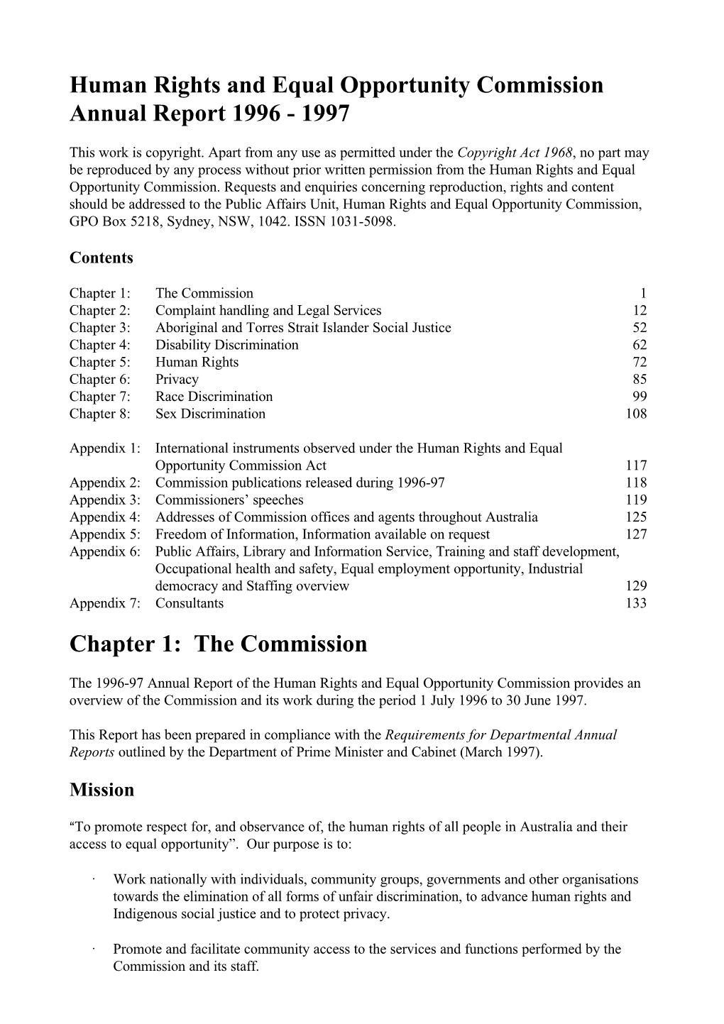 Human Rights and Equal Opportunity Commission Annual Report 1996 - 1997