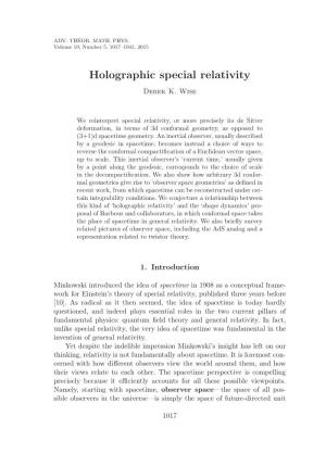 Holographic Special Relativity Derek K