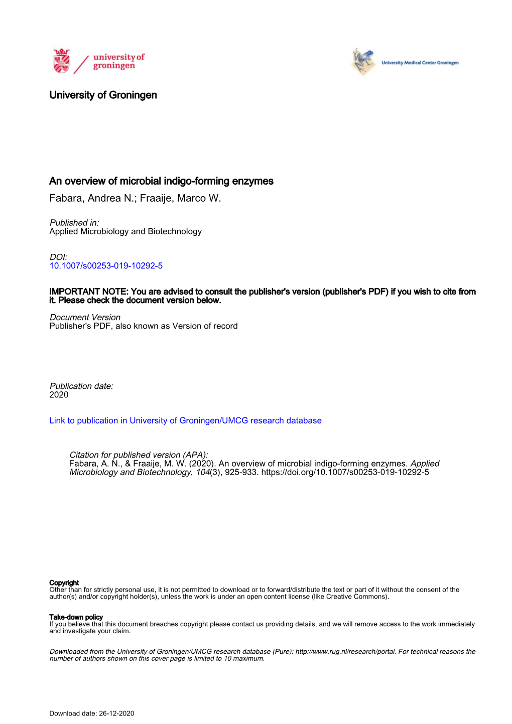 An Overview of Microbial Indigo-Forming Enzymes Fabara, Andrea N.; Fraaije, Marco W