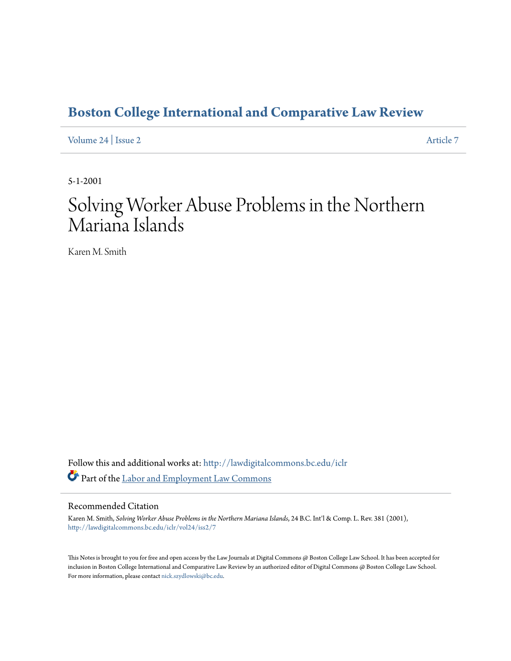 Solving Worker Abuse Problems in the Northern Mariana Islands Karen M