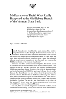 Malfeasance Or Theft? What Really Happened at the Middlebury Branch of the Vermont State Bank