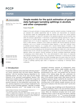 Simple Models for the Quick Estimation of Ground State Hydrogen Tunneling Splittings in Alcohols Cite This: Phys